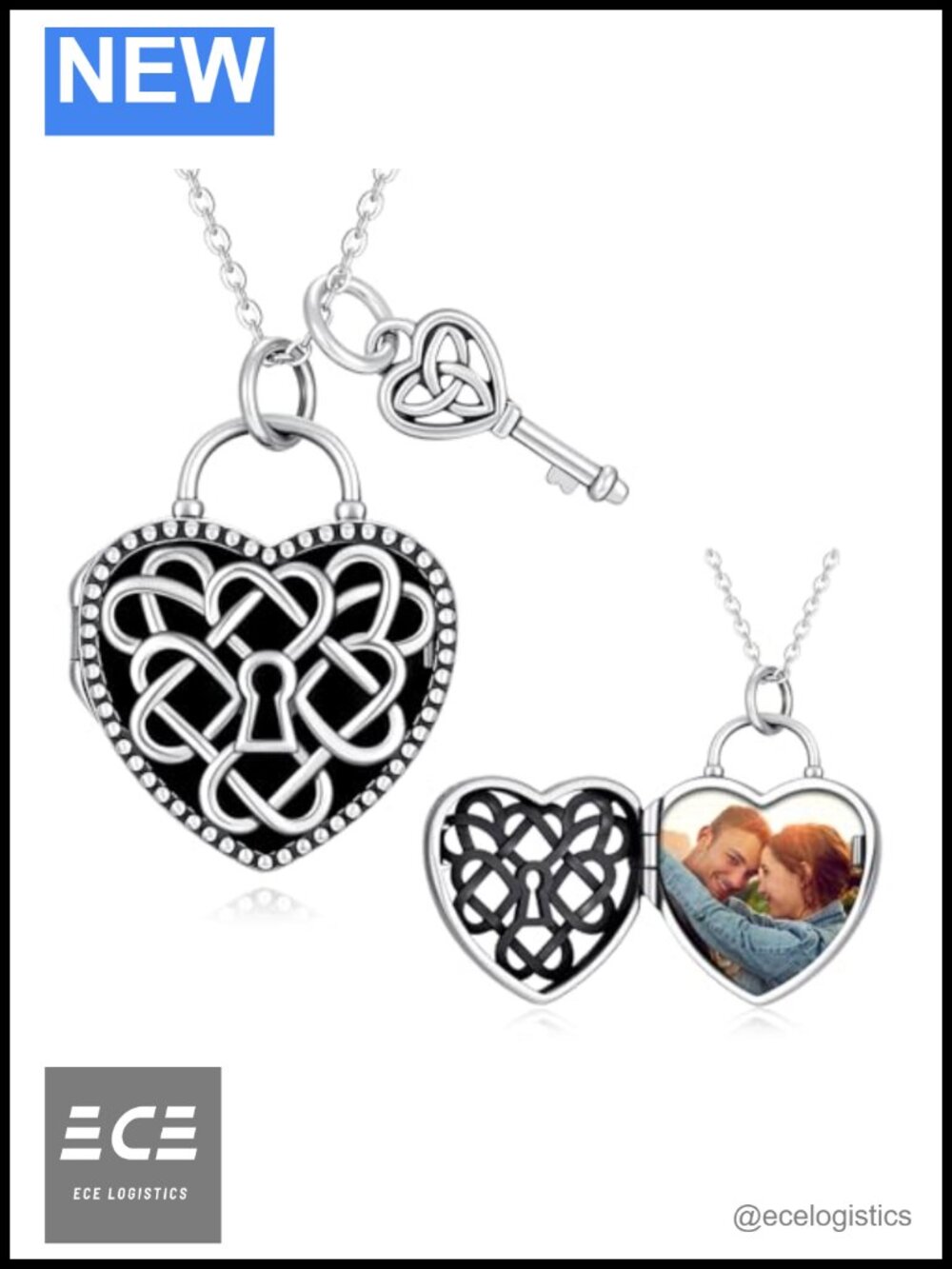 Cuoka 925 Sterling Silver Heart Key Locket Necklace Celtic Knot Photo Pendant